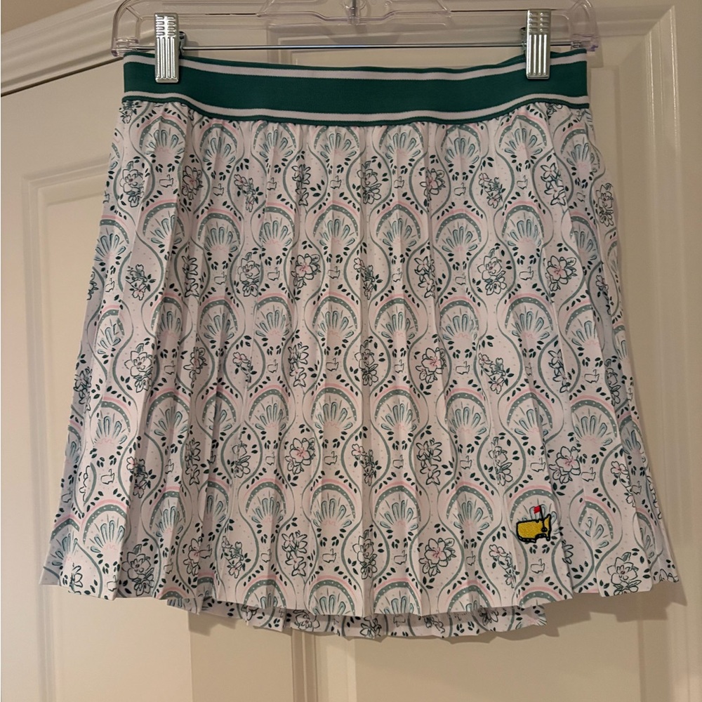Peter Millar Masters White Floral-Print Pleated Mini Skirt with Green Waistband